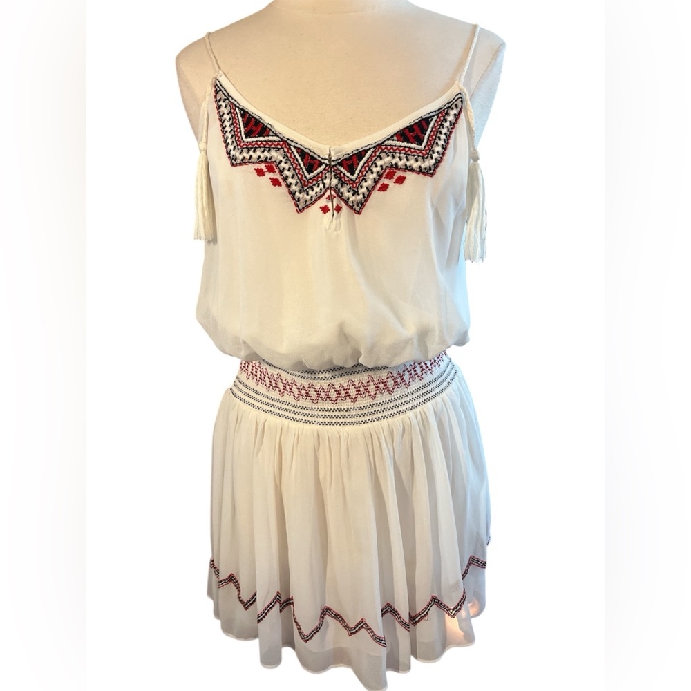 Free People Boho Summer Cream semi shear Dress w/Red Aztec Embroidery Size M